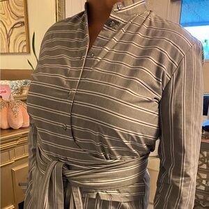 VICTORIA BECKHAM Striped Wrap Front Button Down Blouse Grey